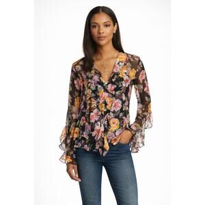 Jade by Johnny Was Kylie Silk Floral Ruffle Blouse Small Boho Romantic